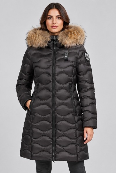 Blauer piumino lungo ad onde con pelliccia Lynel 26WBLDK03036-006047 — 805219040080926_1