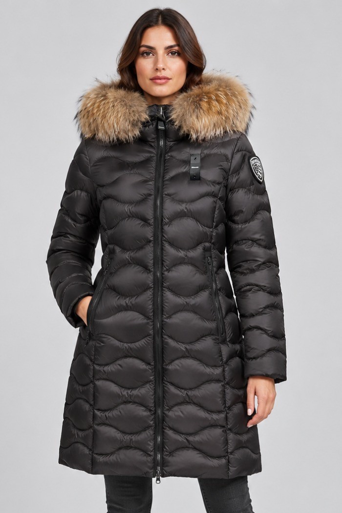 Blauer piumino lungo ad onde con pelliccia Lynel 26WBLDK03036-006047 [e1270383]