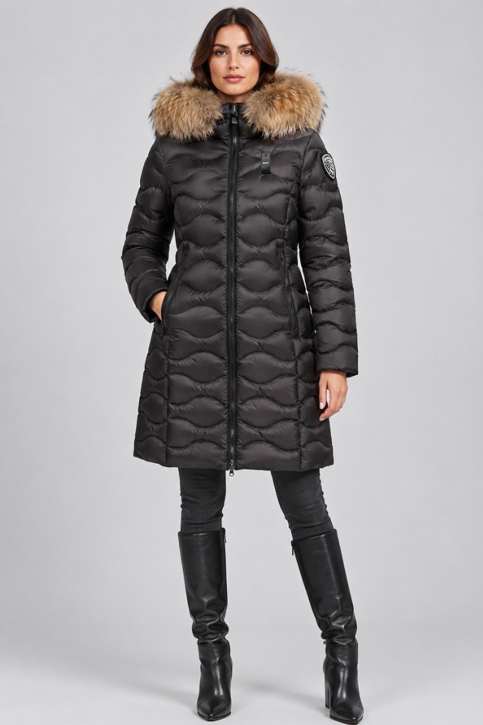 Blauer piumino lungo ad onde con pelliccia Lynel 26WBLDK03036-006047 [8a4cc694]