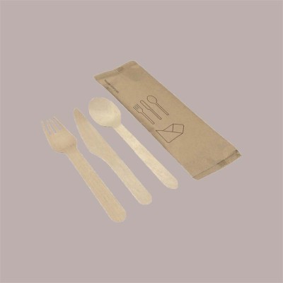 50 Pz Tris in Legno Bio Eco Forchetta Coltello Cucchiaio+Tovagliolo [974de673]