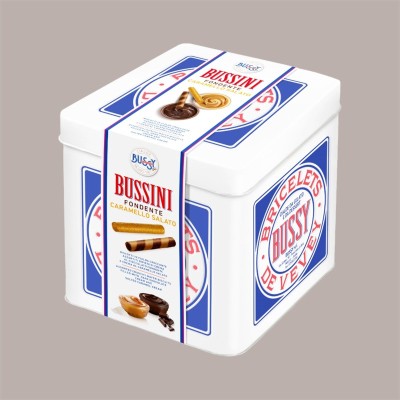 Cialde Arrotolate Ripiene al Gusto di Caramello Salato e al Cioccolato Fondente Box Assortito Bussini 400 grammi [2d29f77b]